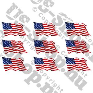 Klistermærkeark med 9 bølgende USA flag på 7 x 3,5 cm