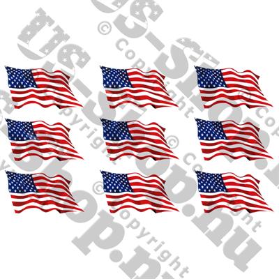 Klistermærkeark med 9 bølgende USA flag på 7 x 3,5 cm