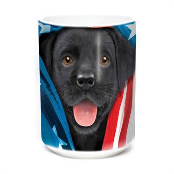 Krus med sort hundehvalp og Amerikansk flag, sort porcelæn