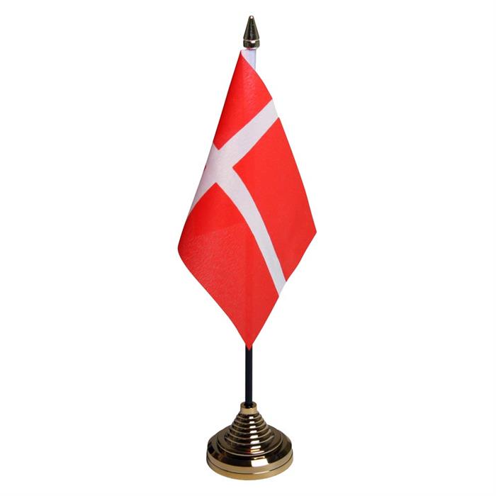 Dansk bordflag med guldfod og guldknop, 10 x 15 cm