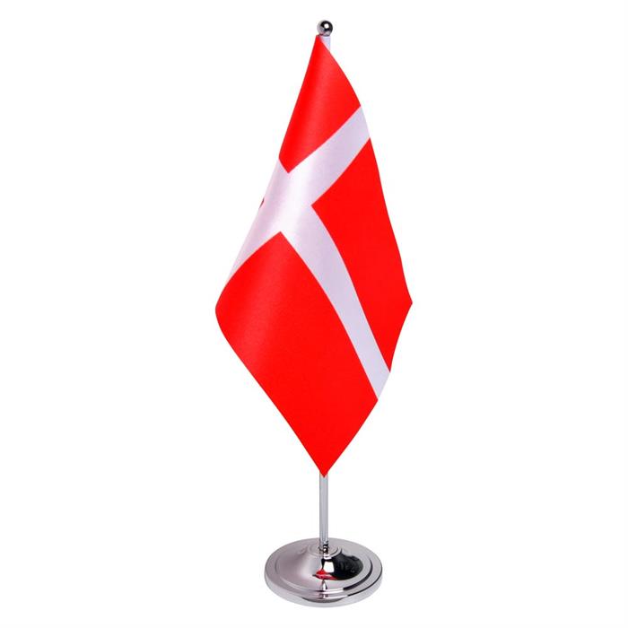 Eksklusivt stort dansk bordflag med flagstang og fod i chrom