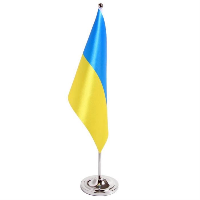 Stort eksklusivt Ukraine bordflag med flagstang og fod i chrom