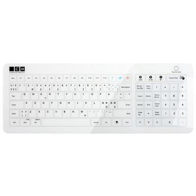 Glastastatur med touchpad, hvid, Bluetooth eller USB, Nordisk layout