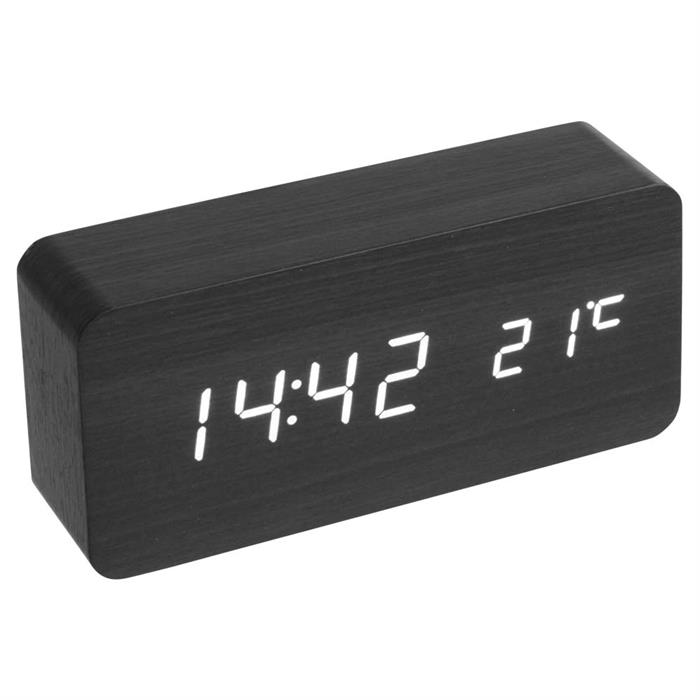 Elegant LCD ur med hvide tal i sort træ-look