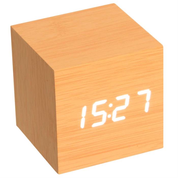 LCD ur - kube med hvide tal i lyst træ-look