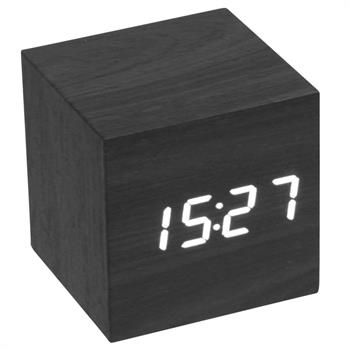 LCD ur - kube med hvide tal i sort træ-look