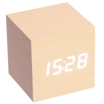 LCD ur - kube med hvide tal i hvidt træ-look