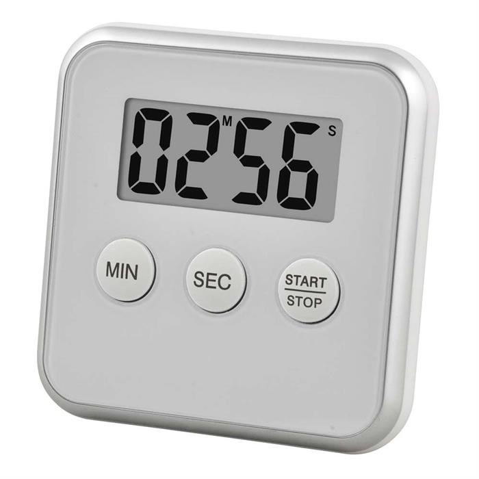 Digital timer minutur med LCD display, blank hvid og sølv